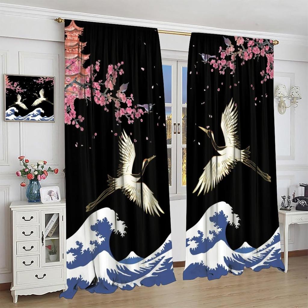 Japanese Style Cranes Curtain Asian Waves Traditional Chinese Cherry Blossom Printed Window Treatment Living Room Bedroom Ki For Area Polyester