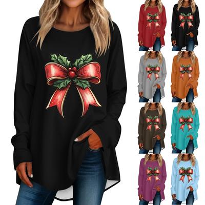 Women's Casual  Plus Size Long Sleeved Round  Printed T-shirt Top Pullover