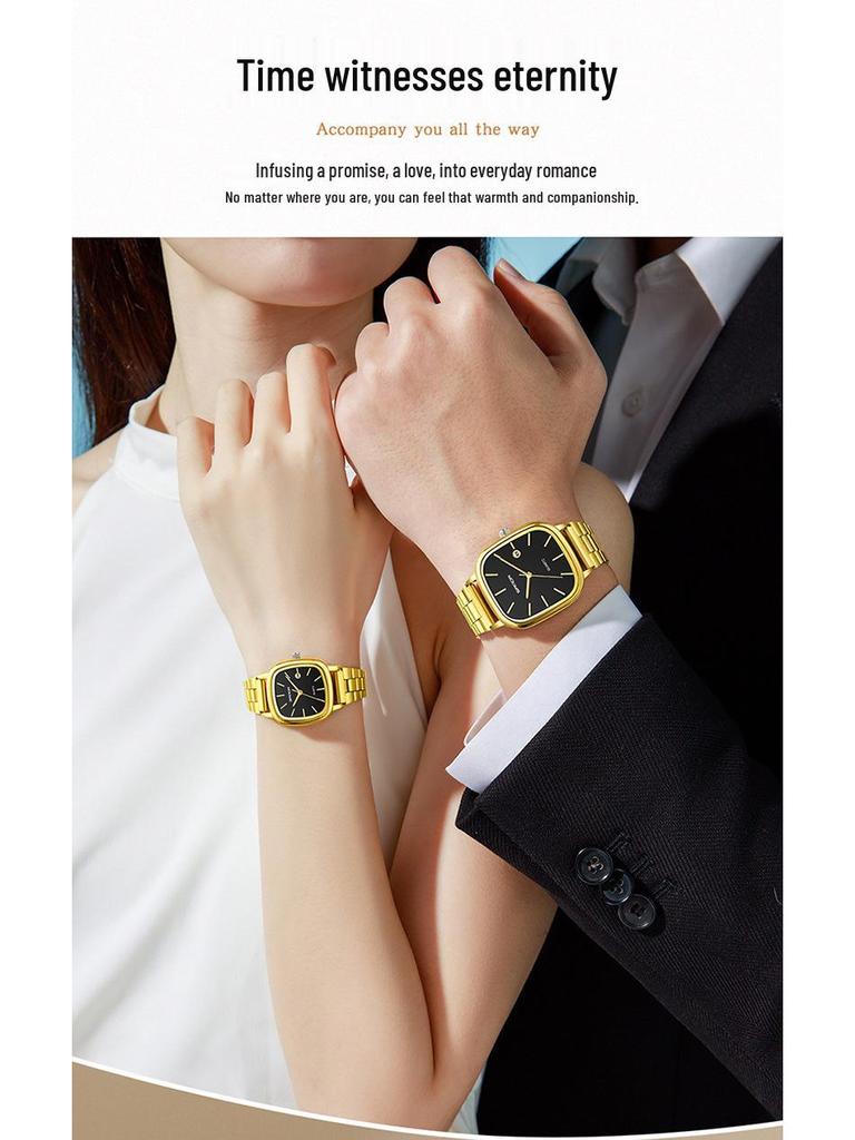 Retro Light Luxury Gold Square Watch with Large Dial and Calendar - High-Value Steel Band for Couples