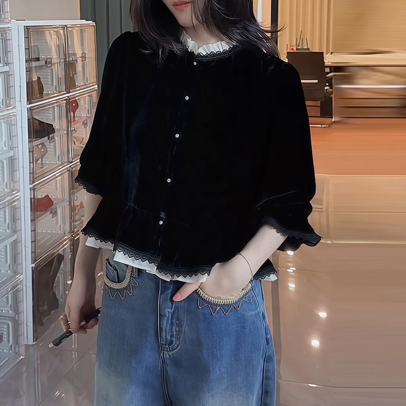 2026 Spring Korean-Style Yujie High-End Lace Splicing Faux Two-Piece Women s Top XL чёрный