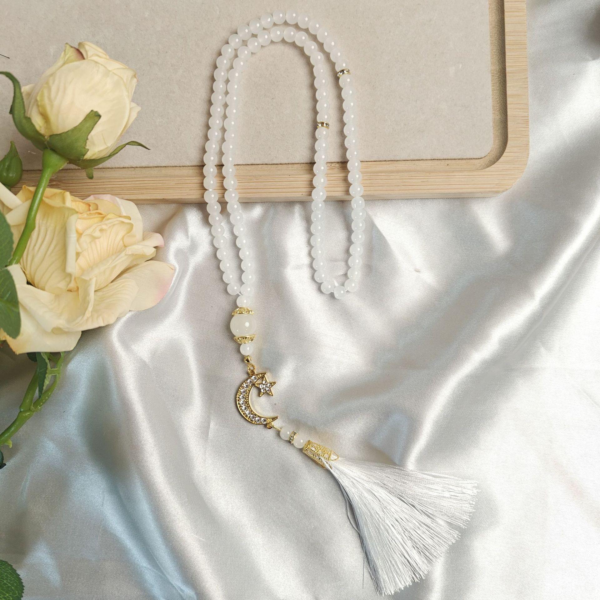 

Moon Star Pendant Rosary Lightweight Tassel Religious Gift Glass Bead Necklace Muslim Tasbih Prayer Beads For Religious слоновая кость