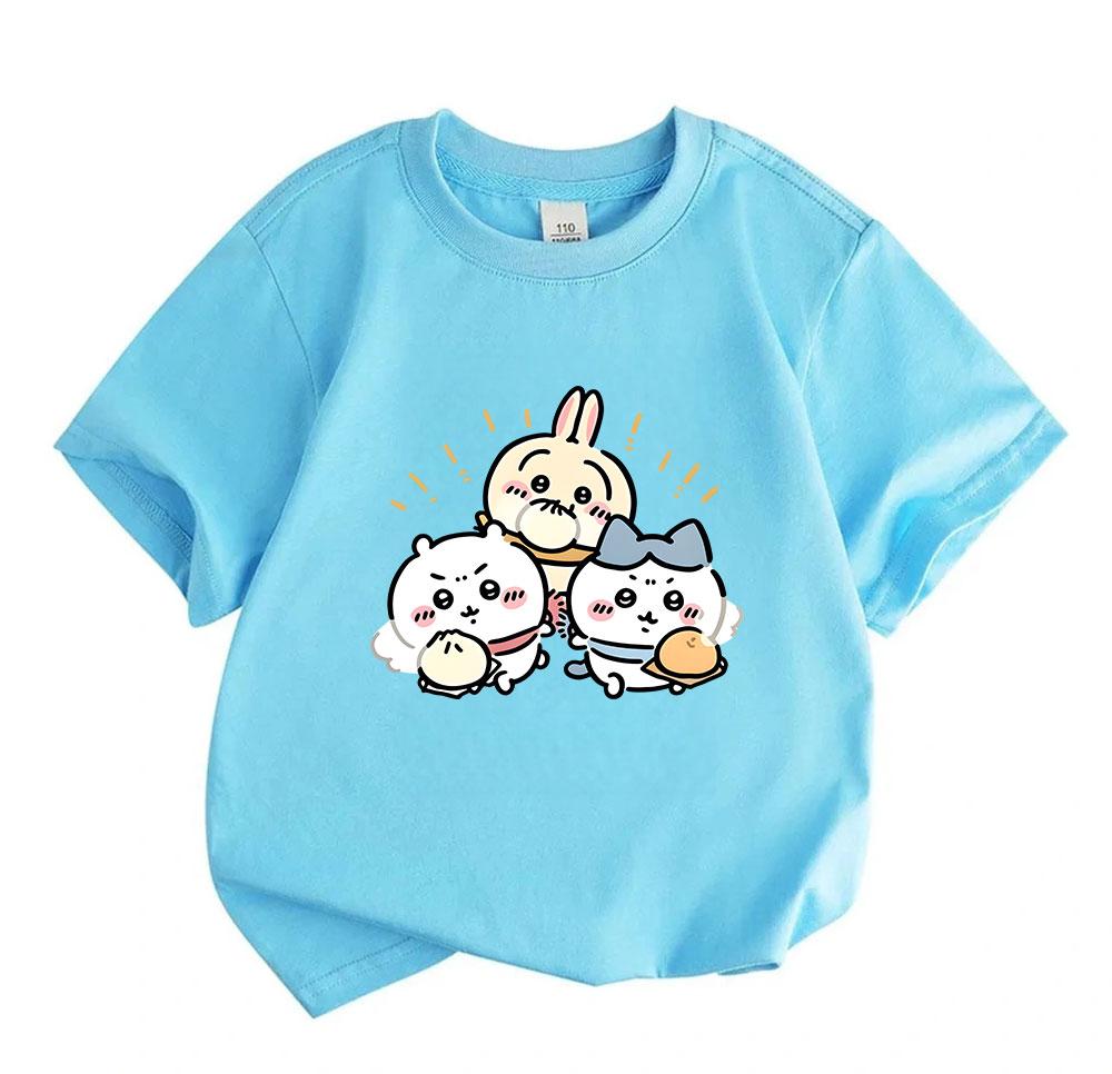 Kids Boys Girls 100% Cotton Crew Neck Short Sleeve T-Shirt, Cute Chibi Cartoon Three Friends Print Casual Soft Breathable Tee for Daily Play Wear, Lov