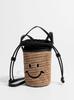Mini Woven Bucket Bag Smiley Straw Body Phone Purse for Women Summer Handmade Crochet Beach Bag Retro Ethnic Small Shoulder Bag
