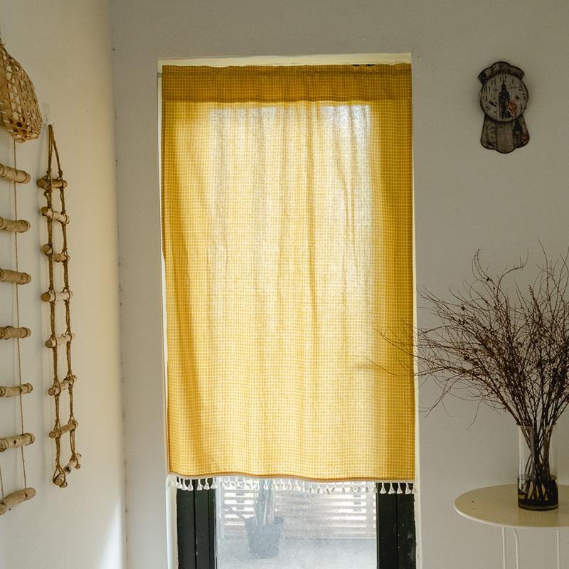 Japan Style Plaid Fabric Short Hanging Curtain Living Room Partition Door Curtain Kitchen Cafe Decoration Half Valance