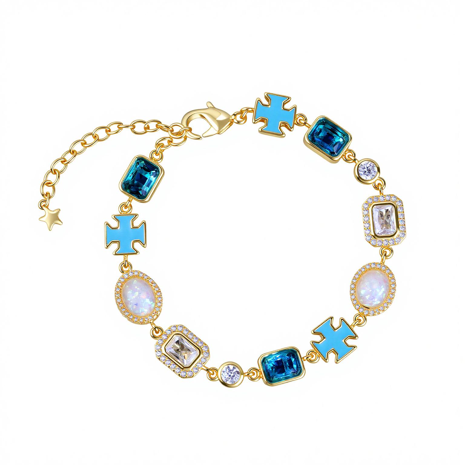 

Hip Hop Mixed Oil Drip Cross Gemstone Opal Men S Necklace Light Luxury Jewelry 7inch платиновый