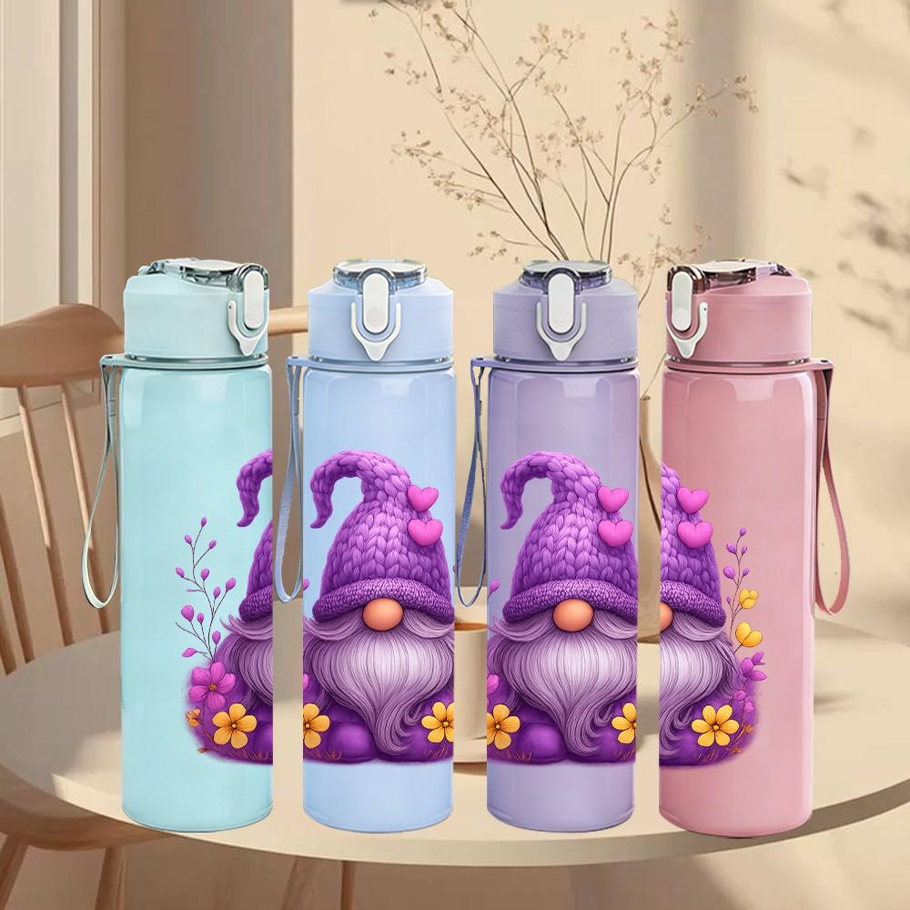 1PC Purple Garden Gnome Art 750ml Color Plastic Sports Water Bottle Leakproof Flip Straw Lid Suitable for Sports Office Home Use