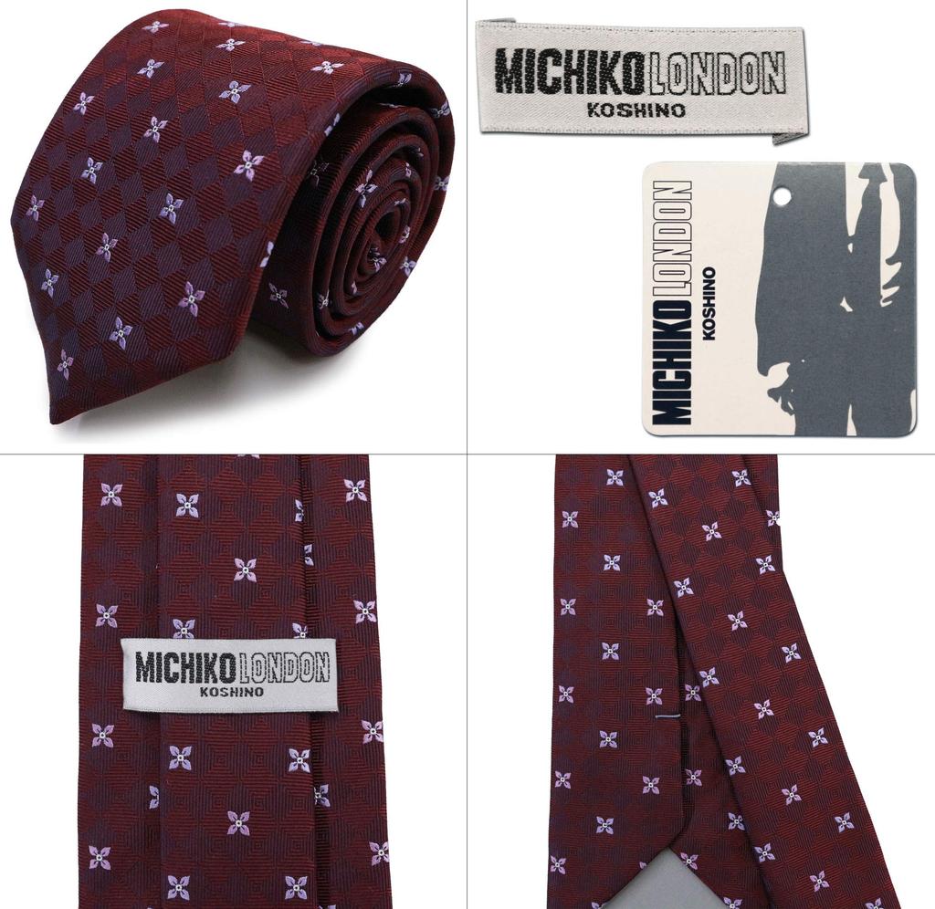 MICHIKO LONDON Brand Made in Silk Jacquard Woven with Small Embroidery Necktie, Japan, 100% (D Pattern Red)