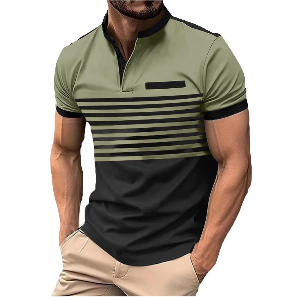Summer Men's Button Up Round Neck Short Sleeved Shirt Solid Casual Top