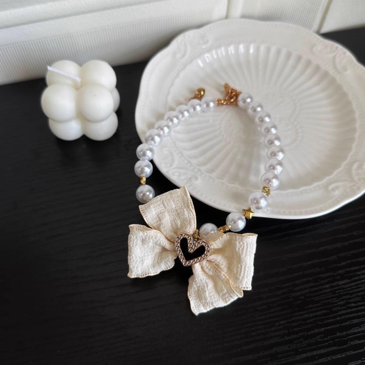 

Cream Style Pet Pearl Necklace Elegant Bow Princess Cat Dog Accessories S