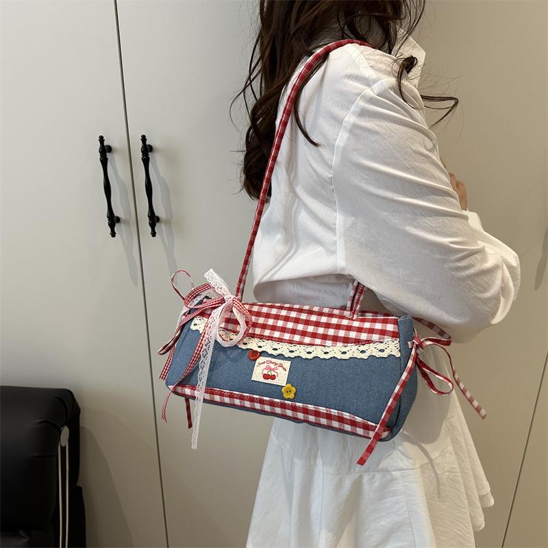Casual Plaid Canvas Bag Women's 2025 New Fashion Ballet Girly Underarm Bag Large Capacity Shoulder Bag