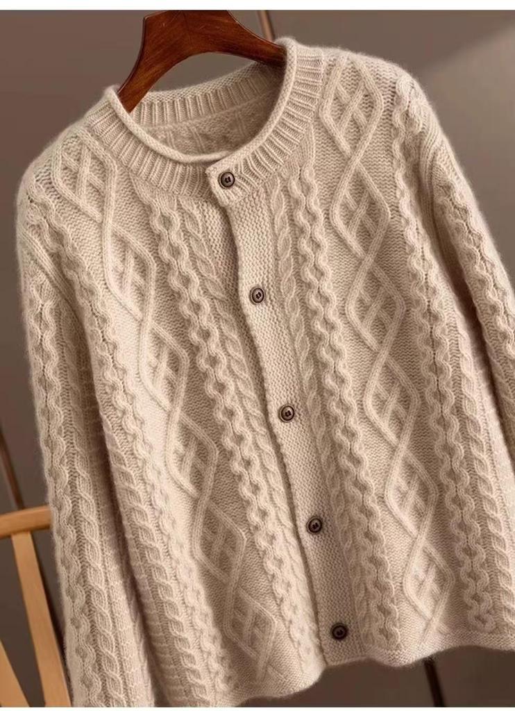 European-Style Heavy Cable-Knit Wool Cardigan for Women - Thick Coarse Wool Sweater Coat for Autumn and Winter 2026