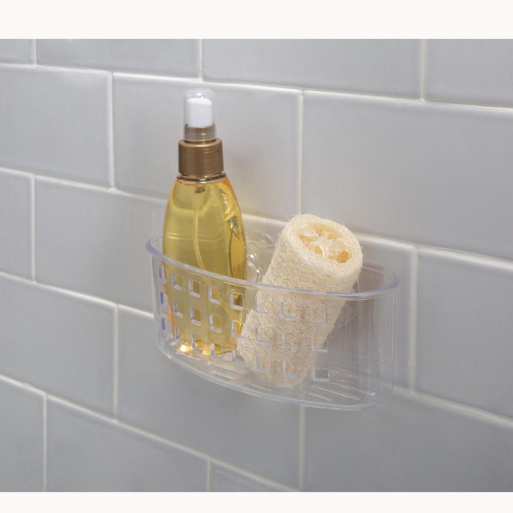 Medium Suction Cup Shower Organizer Clear Plastic Bathroom Basket Self-Draining Holds Razor Soap Easy Install Rust Resistant