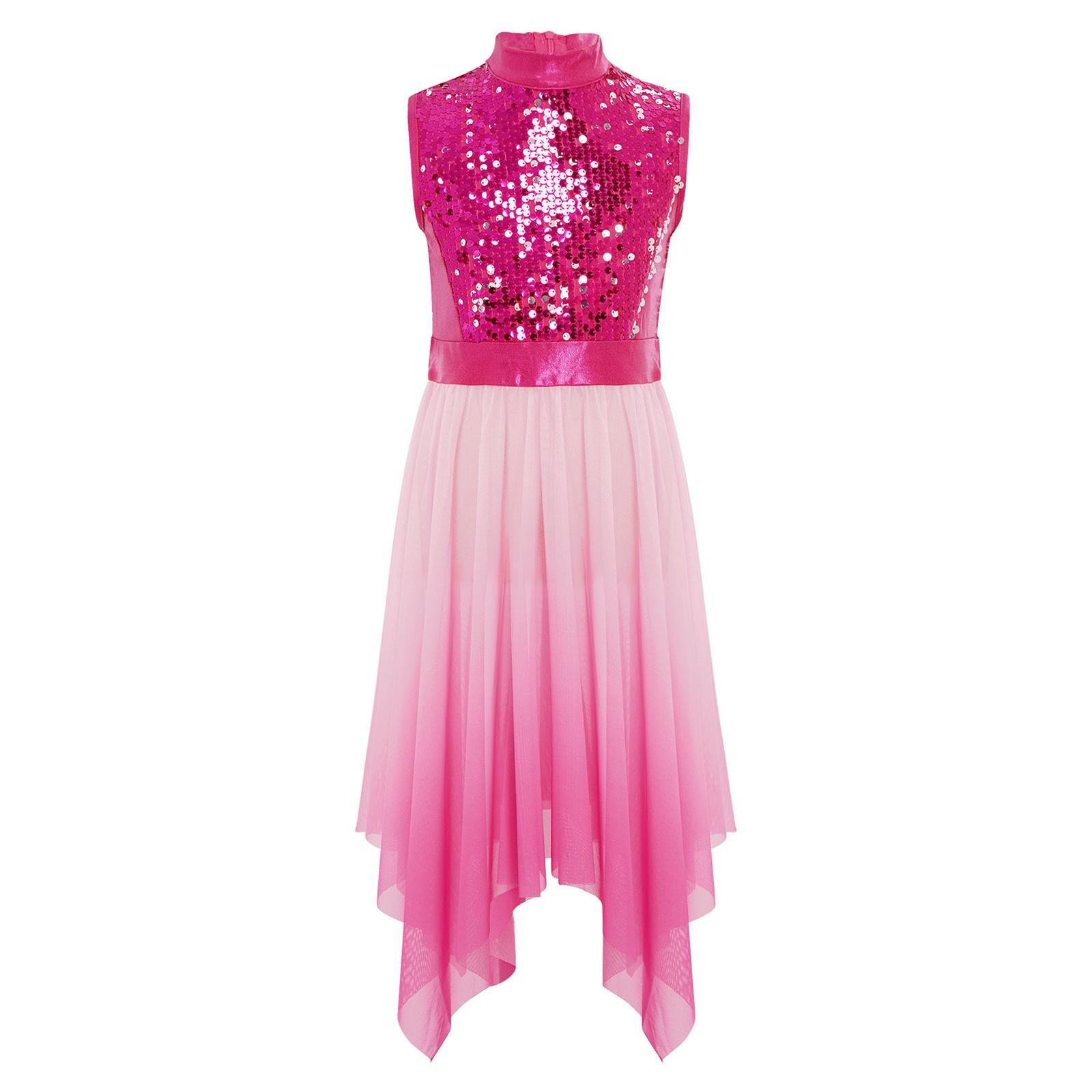 

Girls Worship Praise Dance Tunic Dresses Mock Neck Sleeveless Asymmetrical Hem Shiny Sequins Bodice Dress Contemporary Dancewear 5-6 Years гарячі рожевого кольору