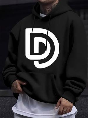 American-style Unisex Autumn/winter Printed Long-sleeve Hooded Sweatshirt, Simple Letter D Print Hoodie, Minimalist Geometric Design, Understated Ligh