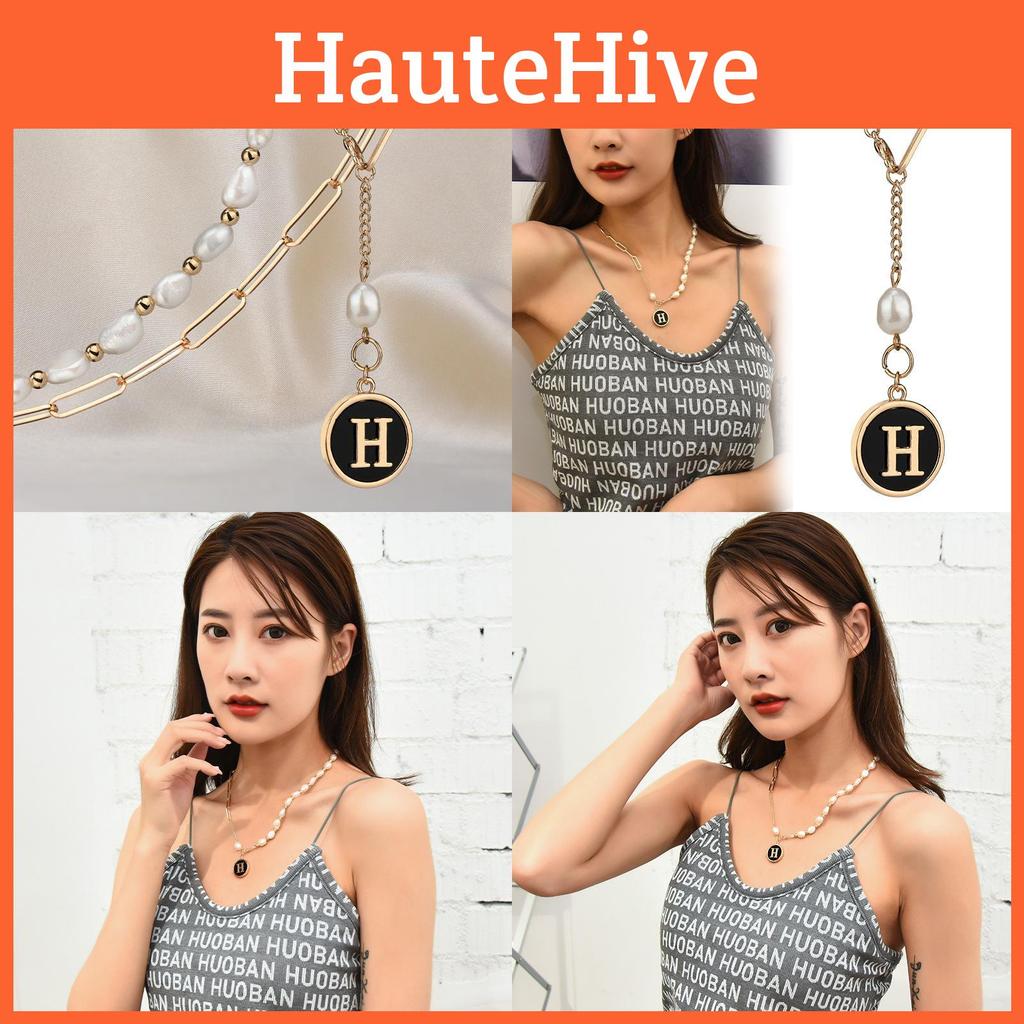 Elegant Korean Style Pearl Letter H Tassel Titanium Steel Necklace For Women And Men