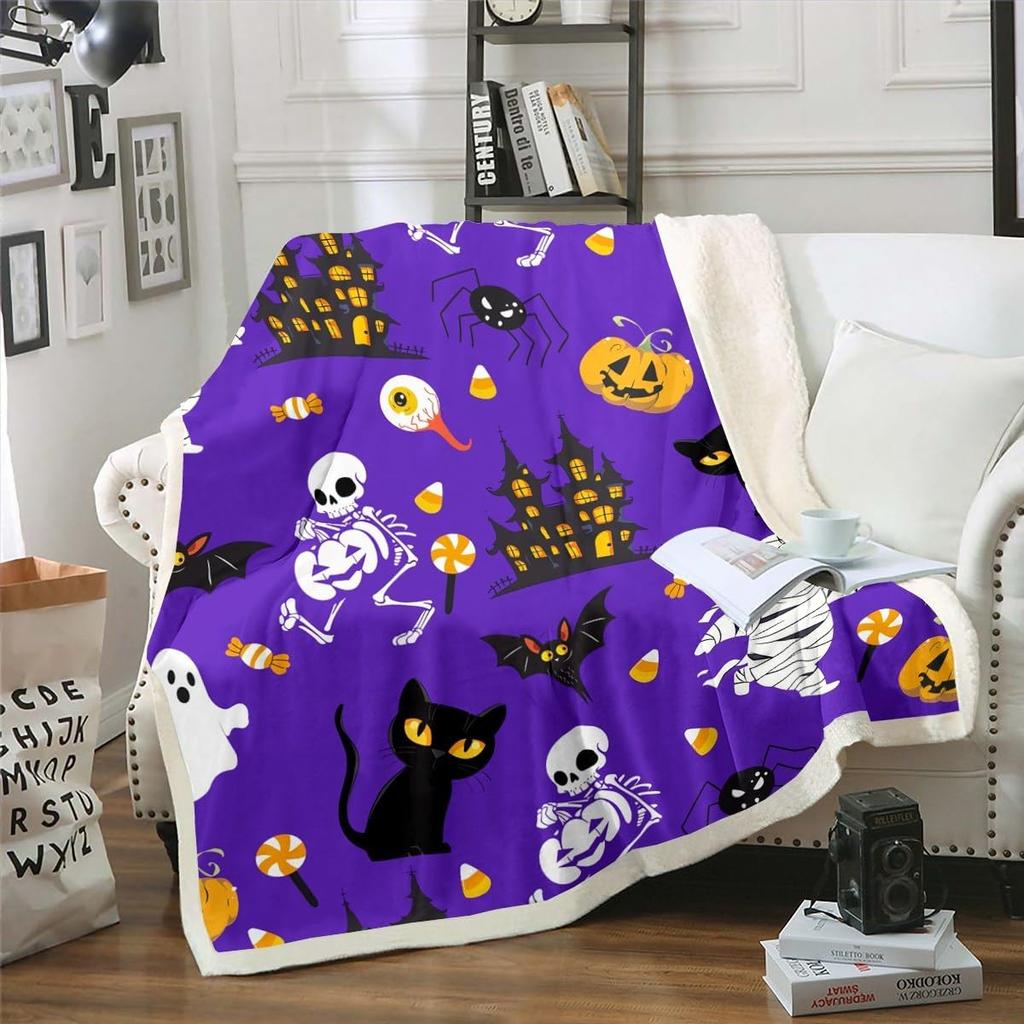 Halloween Ghost Blanket Soft Fleece Throw Pumpkin Spider Web Design Home Decor Party Gift Kids Room