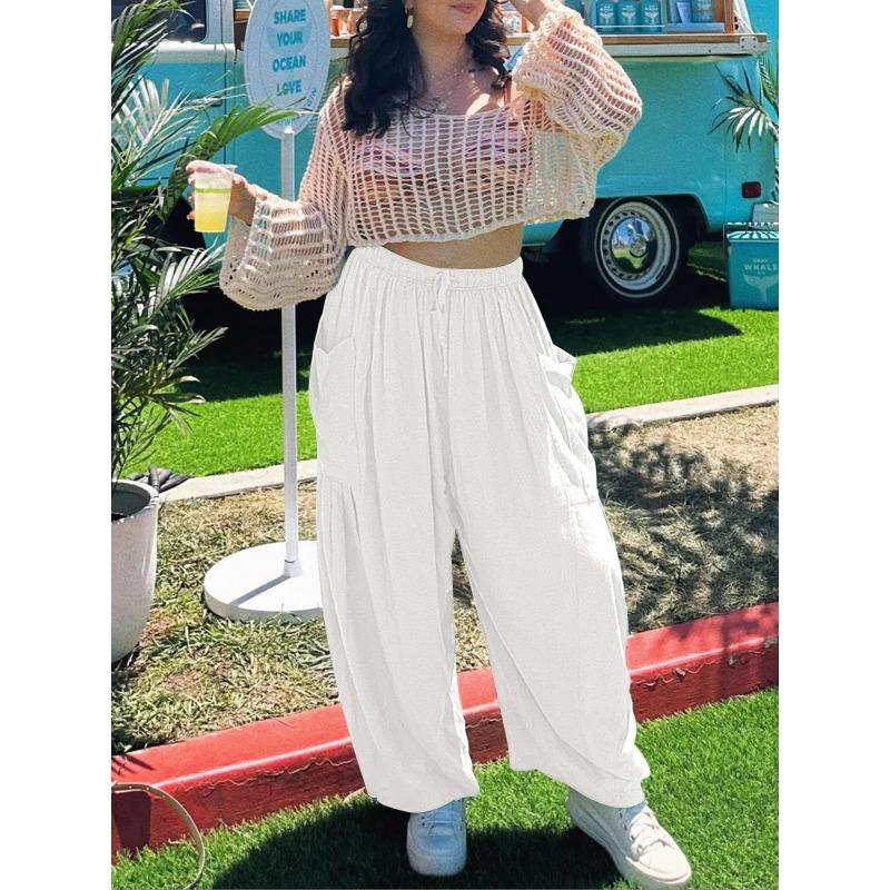 Women Casual High Waist Elastic Pleated Wide Leg Beach Cropped Trousers