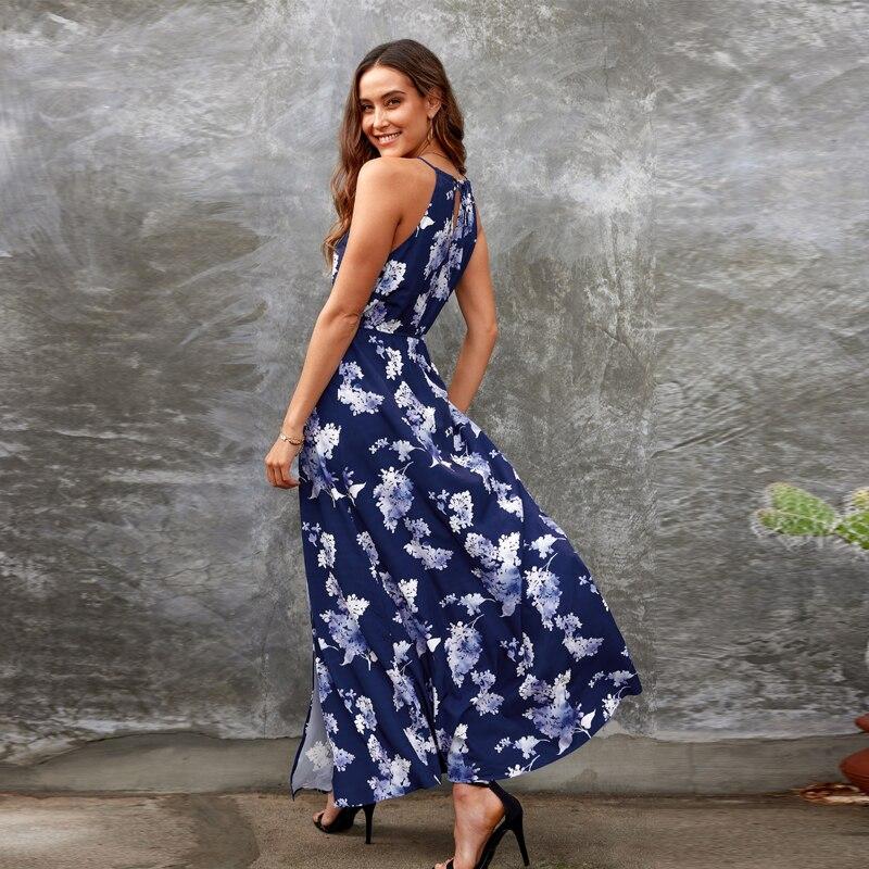 Mode Split Sexig Ärmlös Causal Semesterstil Blommönster Klänning Kvinnor Vår Och Sommar 2023 Halter Long Dress 26017