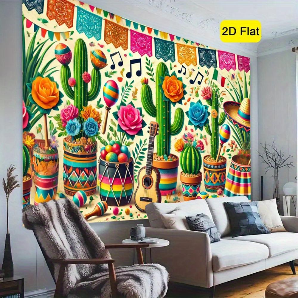 Bannière plate 1 pièce de tissu de fond pour une fête de carnaval mexicain présentant des cactus des chapeaux à larges bords et des maracas