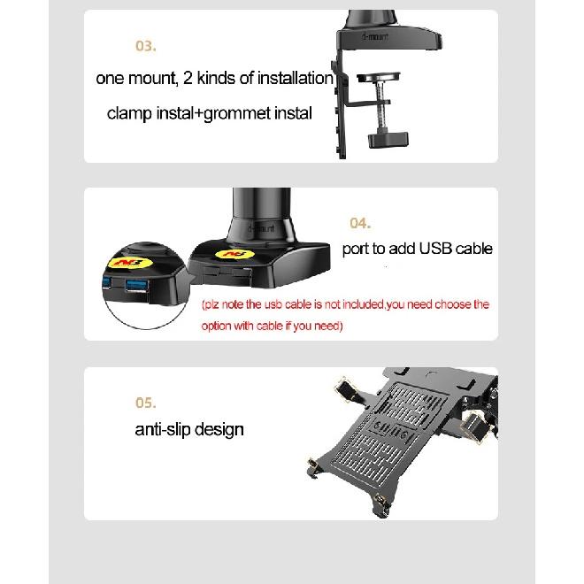 NB F80 with Laptop tray for 10"-17" laptop pad notebook desktop stand gas spring long arm full motion tilt clamp grommet hole