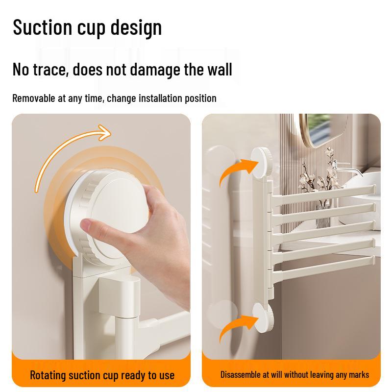 Punch-Free Rotating Towel Rack with Suction Cups - Foldable, Wall-Mounted Multi-Bar Hanger for Bathroom Storage