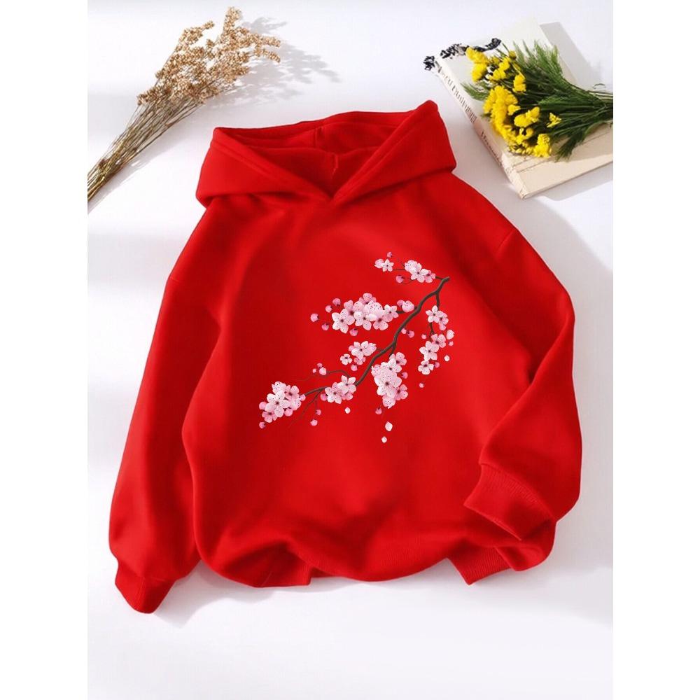 Plum Blossom Flower Branch Printing Casual and Comfortable Hooded Sweater Elegant Style Children's Long-sleeved Pullover