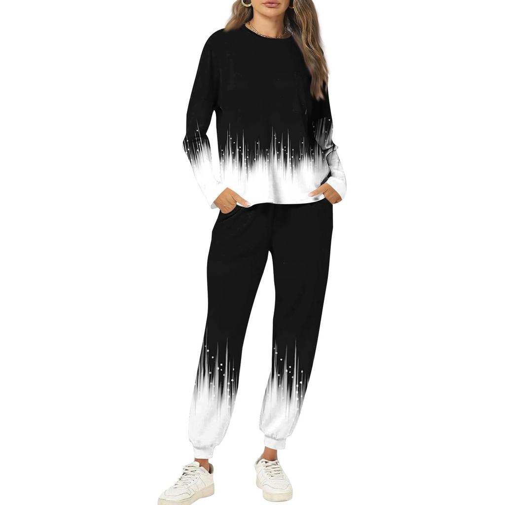 Seturi pentru femei 2 piese Tricouri cu mânecă lungă cu gât rotund Pantaloni de trening imprimați Seturi cu buzunare