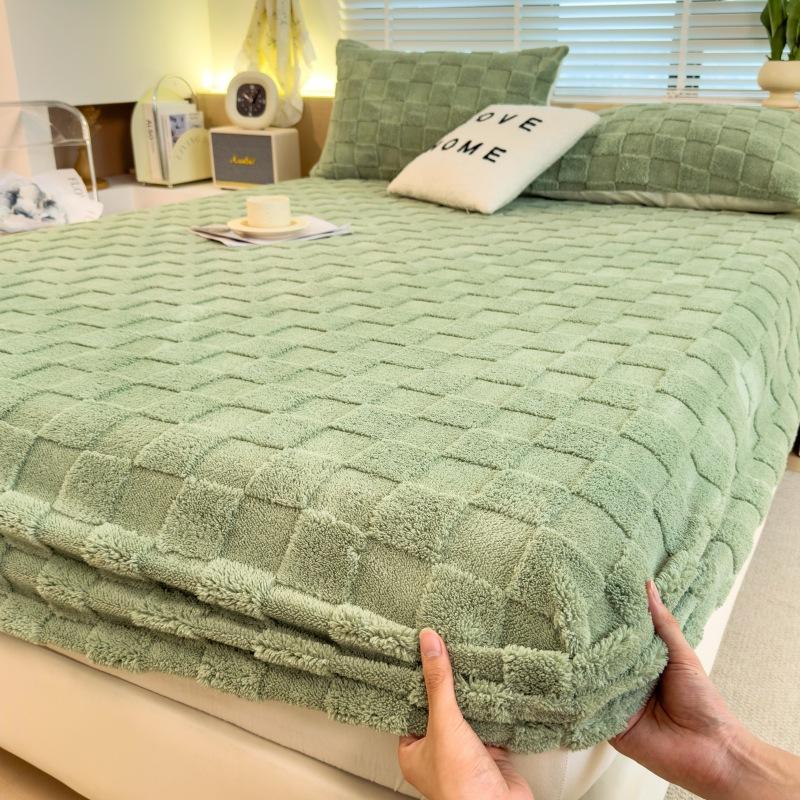 Plush Embossed Bedding with Mattress Protector, Simple Pattern Fitted Sheet, Single/Queen/King Mattress Cover Sábanas Para Cama