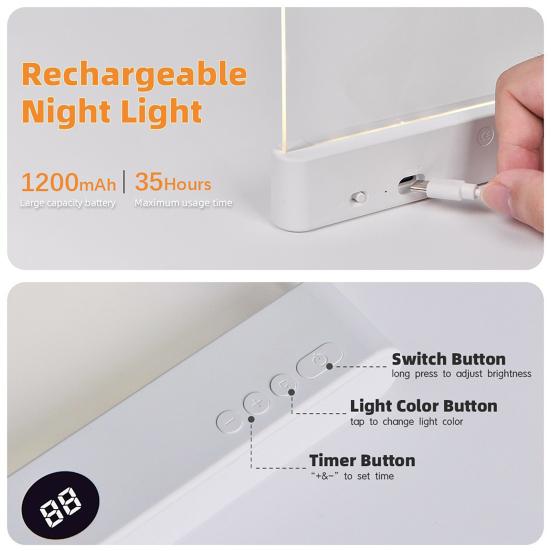 2-in-1 LED Book Light & Night Light Portable Reading Lamp for Students 1-99 Min Timer Adjustable Brightness Rechargeable Night Light for Bedroom Study