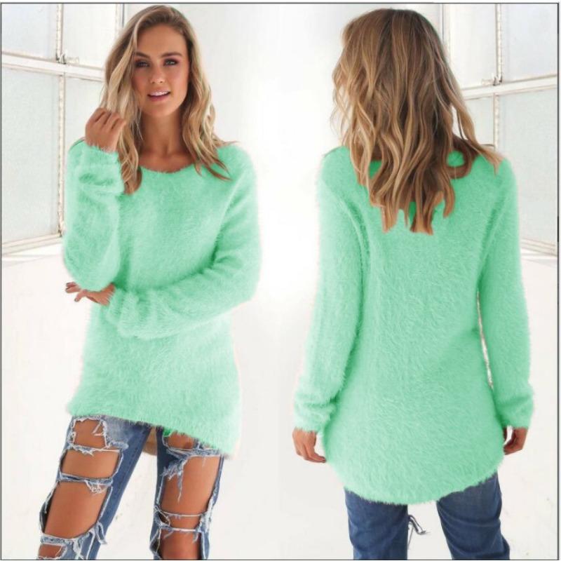Women's Solid Color Fuzzy Plush Crew Neck Long Sleeve Loose Casual Pullover Sweater Top