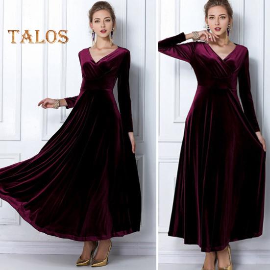 Abendkleid für Damen, goldener Samt, V-Ausschnitt, plissiert, A-Linie, reine Farbe, lange Ärmel, langes Kleid, hohe Taille, Abschlussball, Party, Maxikleid