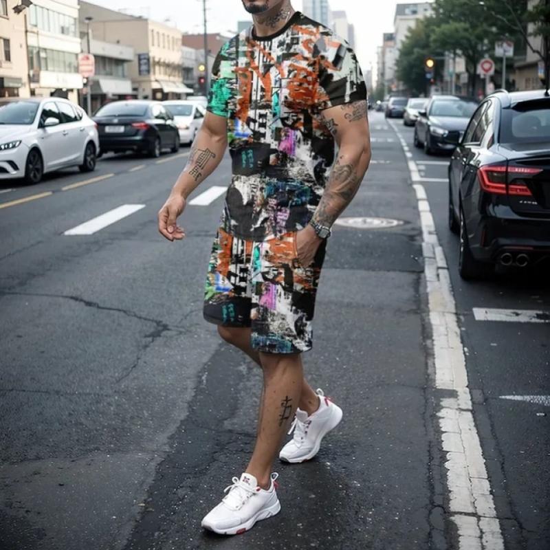 Boutique3D îmbinare modă retro pantaloni scurți bărbați set sport 2 piese îmbrăcăminte stradală tricou cu mânecă scurtă+pantaloni scurți îmbrăcăminte bărbați