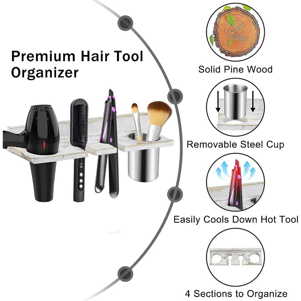 Hair Tool Organizer Wall Mounted - Wooden Dryer Holder, Blow Dryer Holder for Bathroom, Rustic Styling Tools Organizer for Flat Iron, Curling Wand