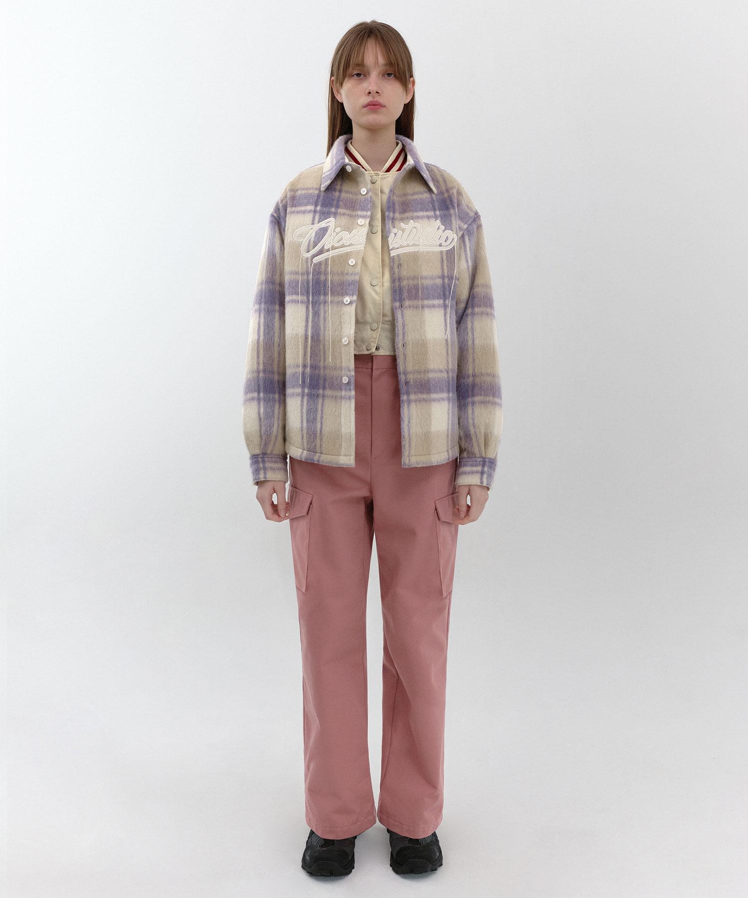Oioi Collection Wavy Applique Check Shirt_Purple M