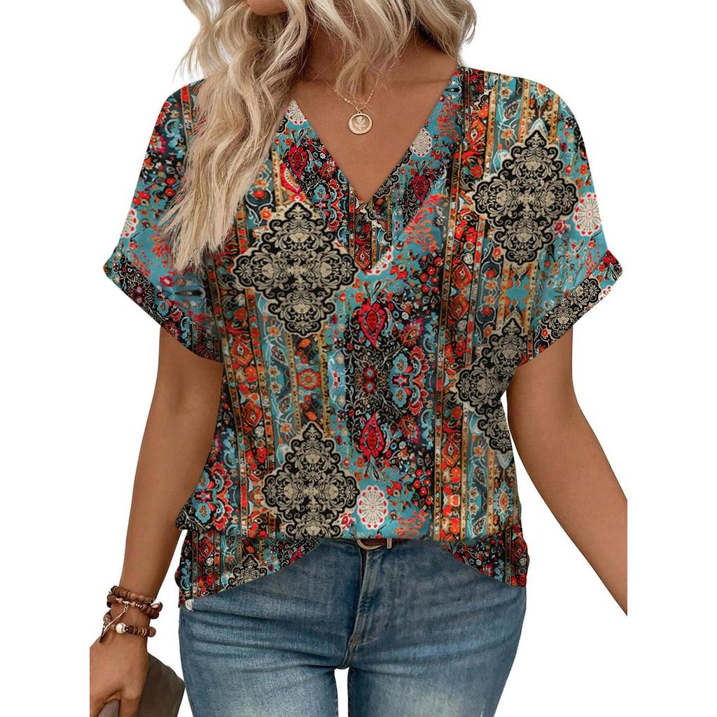 Women's Round Neck Short Sleeve Striped Color Block Loose Fit Casual Print T Shirt Streetwear Top