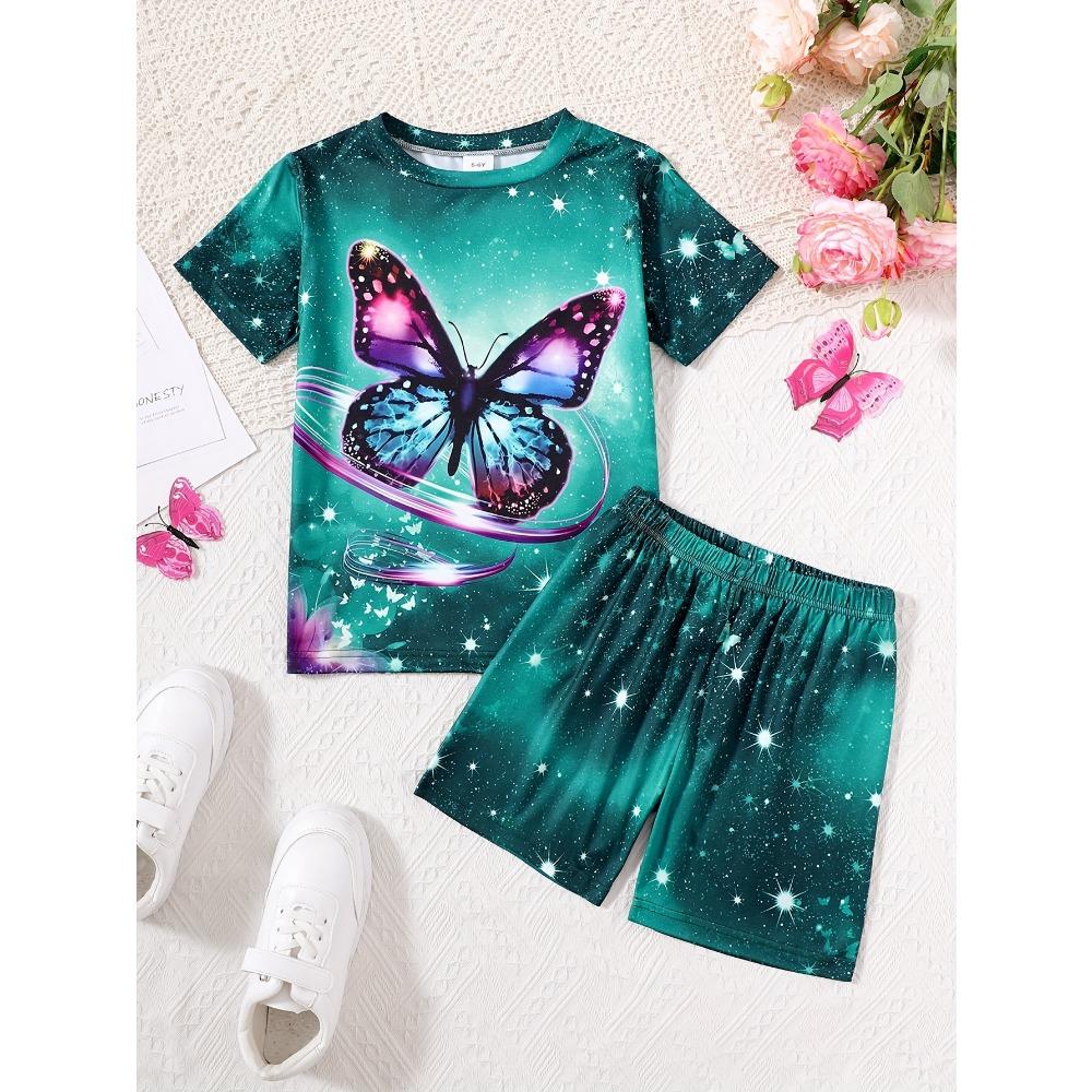 ' Short-Sleeve T-Shirt with Butterfly Print And Starry Background, Paired with Shorts, for Outdoor
