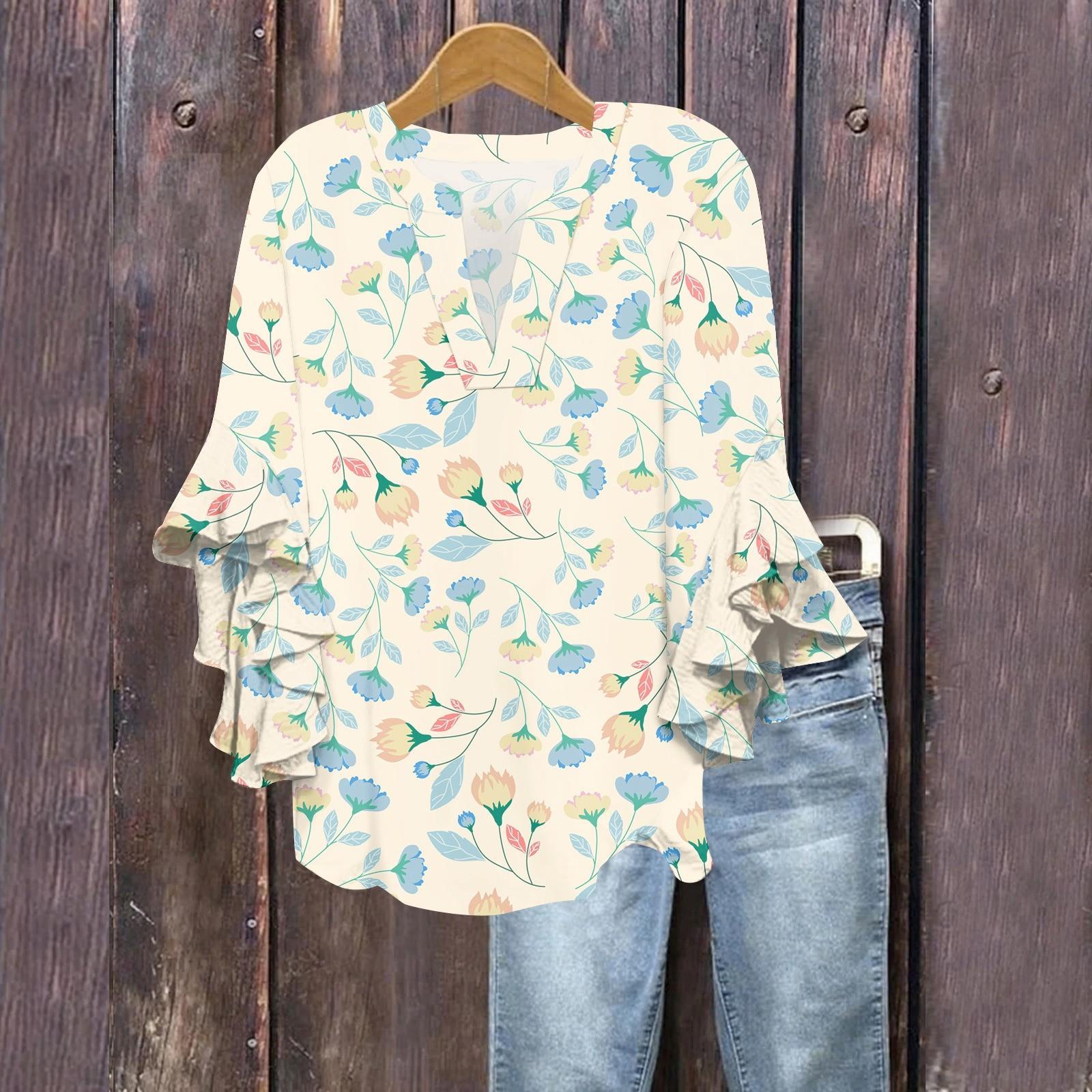 

Літні топи для жінок Милі блузки з V-подібним вирізом та рукавом 3/4 Топ з квітковим принтом Повсякденні сорочки XL білий