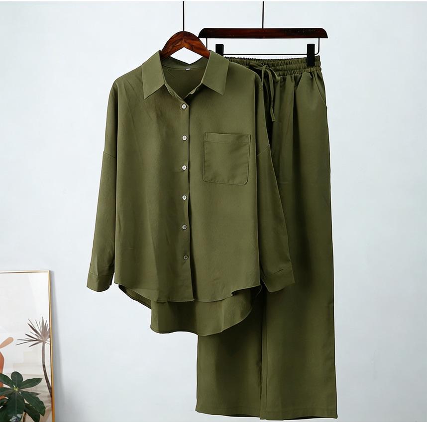 Lightweight Cotton Linen Wide-Leg Pants & Casual Loose Shirt Set - Plus Size, Spring/Autumn