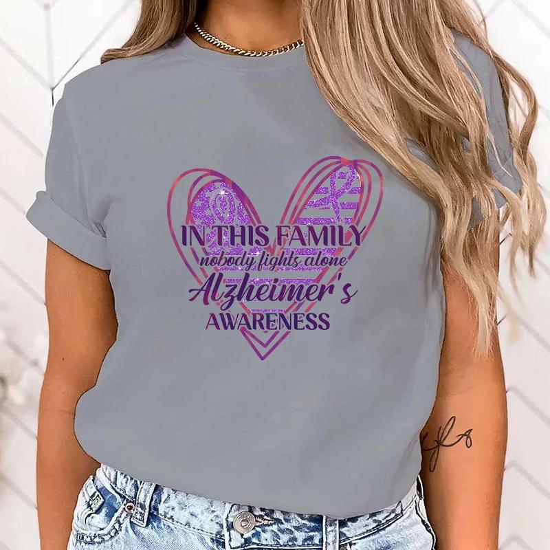 (High Quality T Shirt)New In This Family Nobody Fights Alone Alzheimer'S Awareness Print T Shirt Women Short Sleeve Tops Tees