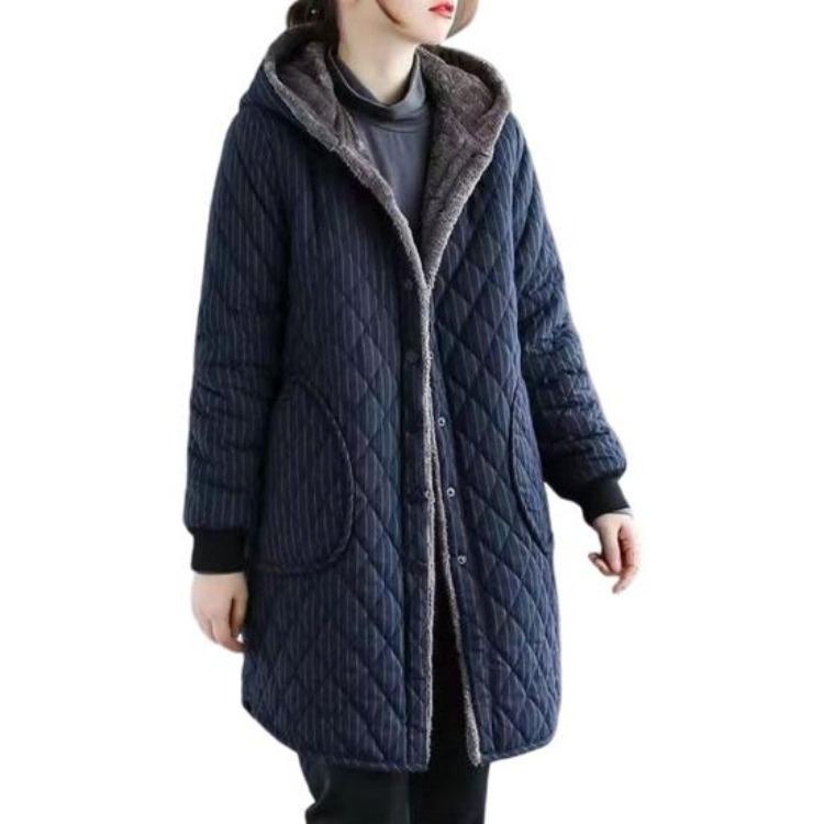 

Women Cotton Mid Length Hooded Jacket Overcoat with Long Sleeves Side Pockets Thick Plush Lined Windproof Single Breasted Keep Warm Daily Wear Outdoor XL темно-синий