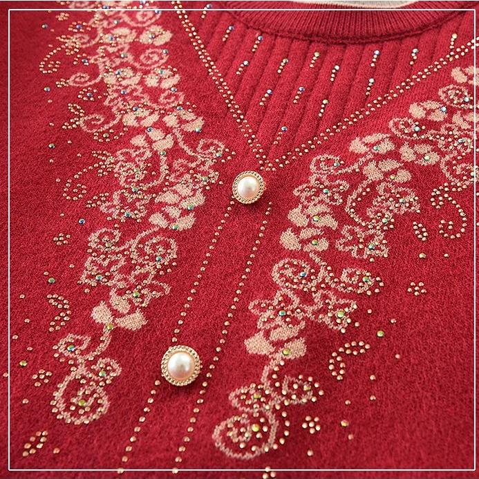 Women's Round Neck Printed Sweater Autumn Winter Rhinestone Plus Size Pullover Knitwear Loose Knit Top