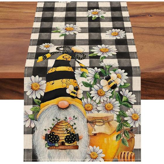 Seliem Spring Bee Gnome Table Runner, Honey Black White Buffalo Plaid Check Home Kitchen Dining Decor, Summer Seasonal Farmhouse Daisy Decorations