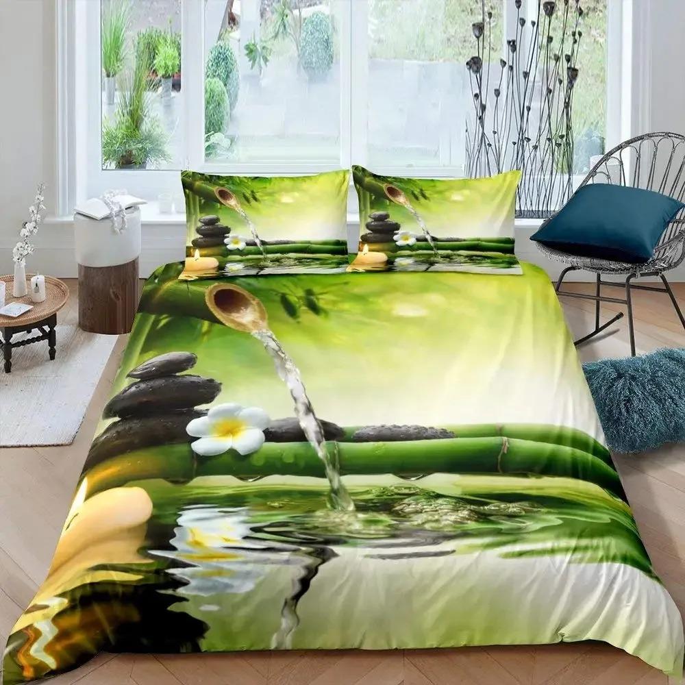 Bamboo Duvet Cover Set Bamboo Branches Bedding Set Tree Print Comforter Cover Luxury Retro Floral Style Quilt Cover Queen Size
