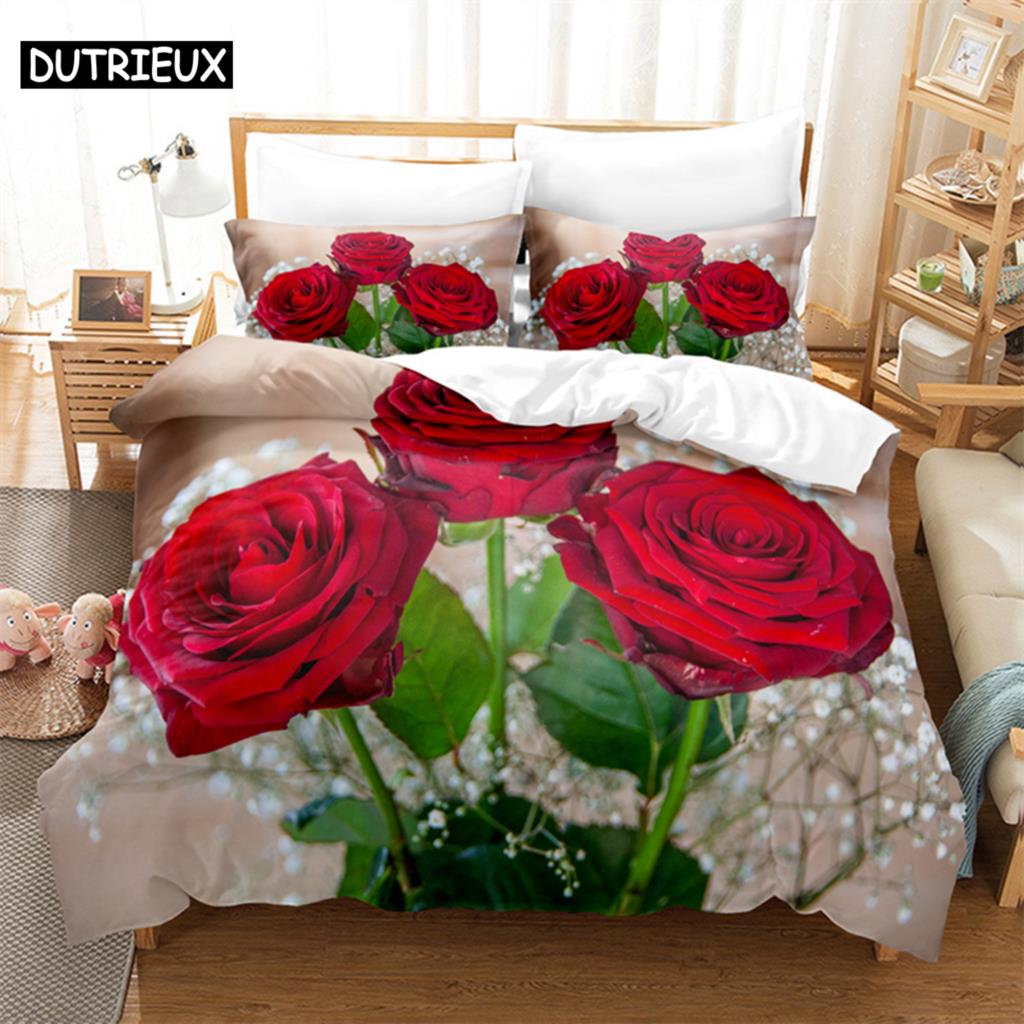 Flower Duvet Cover Set Double Bed Single Red Rose Quilt Cover Thin 3D Comforter Bedding Sets 3pcs 2Pcs King Size Full Wedding