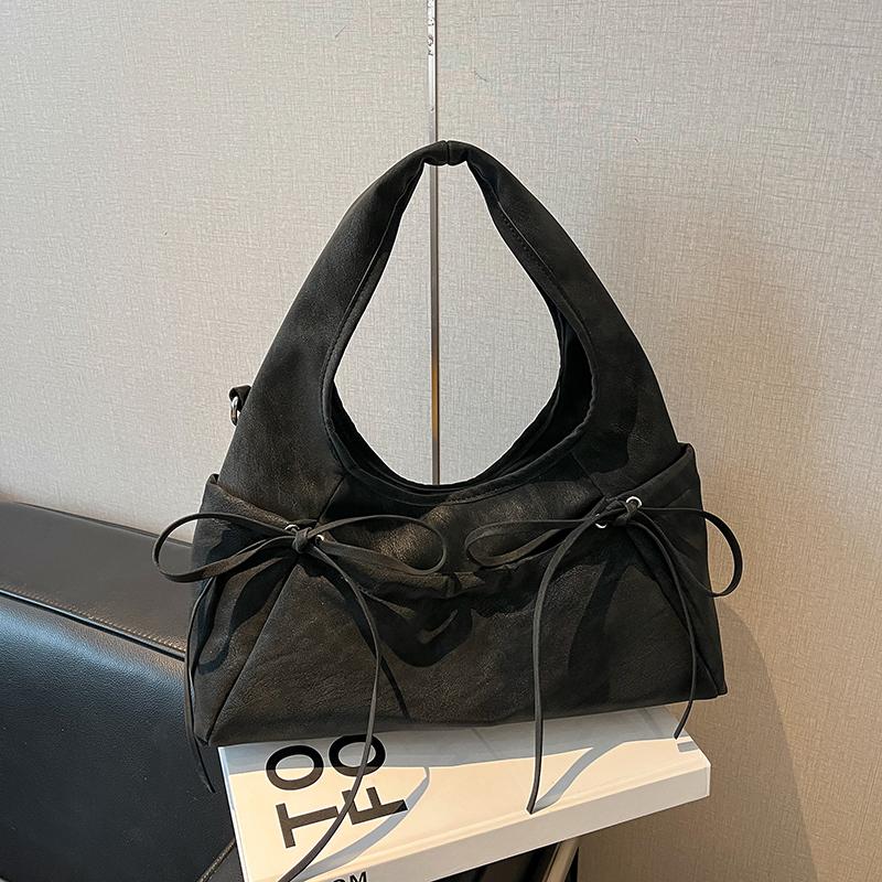 Cream Soft Shoulder Bag with Adjustable Drawstring Bows for Casual Daily or Trendy Urban Outings