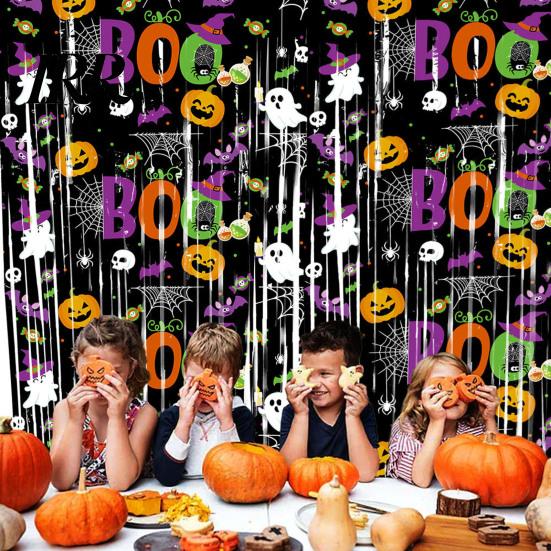 Halloween Event Decoration Foil Fringe Curtain for Halloween, Orange Purple Black Background Holiday Party Backdrop Photo Booth Props, Pumpkin