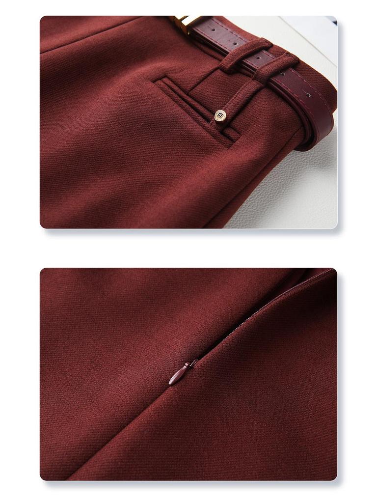 2024 Damen Angora Rot Tweed Midi Rock - Herbst/Winter Gerader Bleistiftrock mit Schlitz hinten
