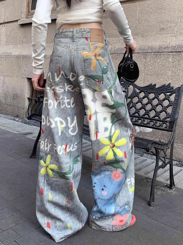 Damen American Retro Graffiti Weitbeinige Jeans