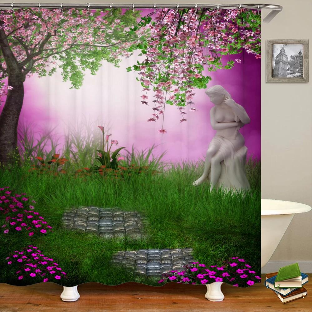 3D Waterproof Fabric Shower Curtains European Style Arched Flower Printed Bath Curtain Large 240X180 With Hooks Bathroom Screen