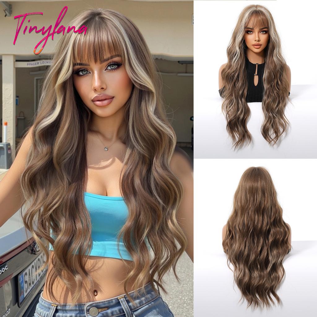 Long Golden Blonde Wave Synthetic Wigs with Bangs for Women Golden Brown Natural Cosplay Costume Daily Hair Wigs Heat Resistant